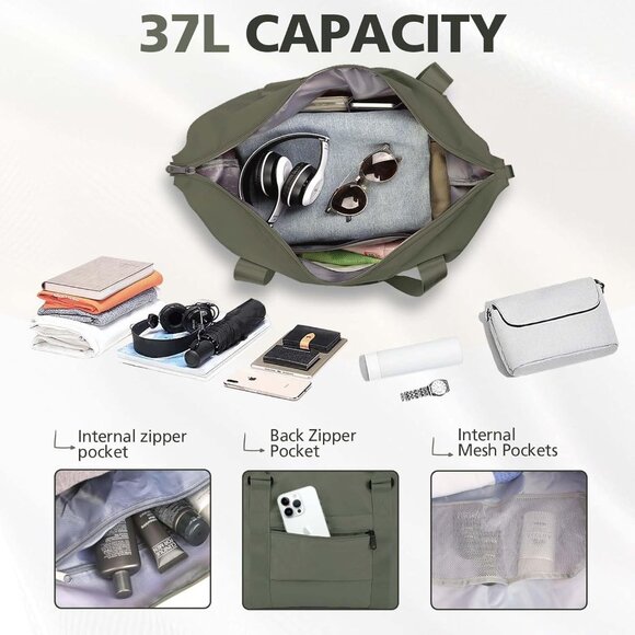 Women Men Green Waterproof Carry On Tote Travel Duffle Bag with Trolley Sleeve - Picture 3 of 7